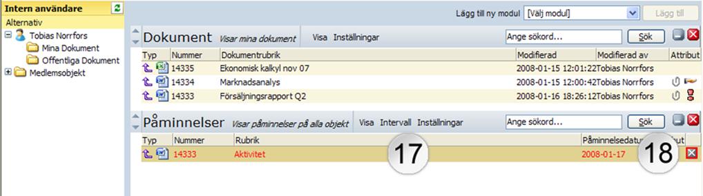 11. Om du vill göra ändringar i aktiviteten markerar [15] du den och skriver sedan dina ändringar direkt i textrutorna. Spara ändringarna genom att klicka Spara [14]. 12.