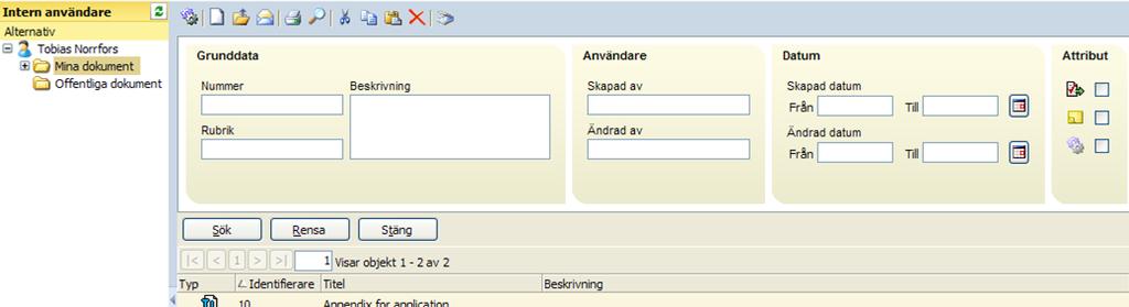 Om du vill se dokument som blivit ändrade inom ett visst tidsintervall fyller du i textrutorna Ändrad fr.o.m. och Ändrad t.o.m. med önskade datum.