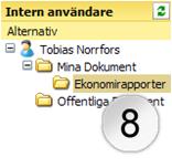 Den nya mappen finns nu med som en undermapp i ditt folderträd [8]. Om du för muspekaren över mappen så visas den beskrivning du skrev in beskrivningsfältet på dokumentkortet/egenskaper.