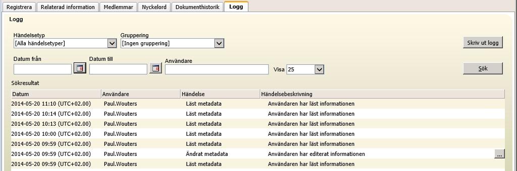 20.2.3.4 Fliken Dokumenthistorik Fliken Dokumenthistorik använder du för att komma åt se versionshistoriken för dokumentet som är kopplat till handlingen.