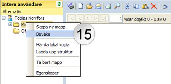 2.6.4 Uppdatera trädvyn För att uppdatera trädvyn, så trycker du på knappen Uppdatera trädvyn [14]. 2.6.5 Bevaka mapp Det finns möjlighet att sätta bevakning på mappar [15].