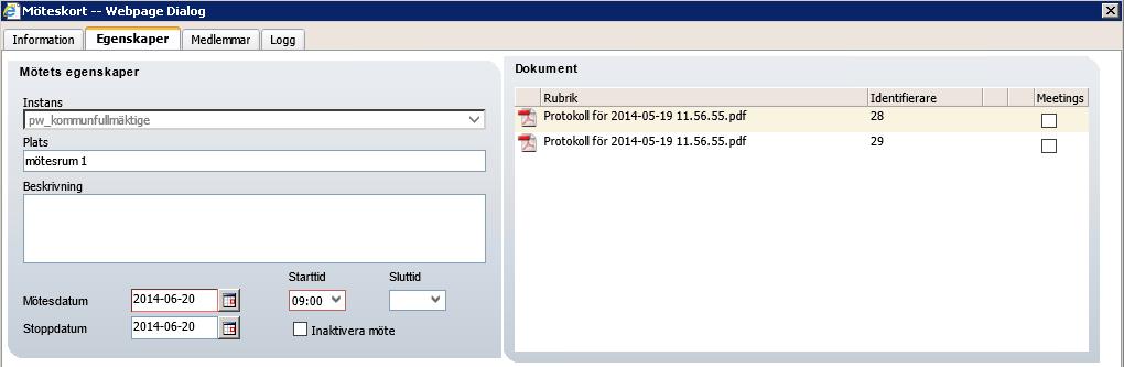 3a 2b 3. Om du vill visa eller checka ut protokollet öppnar du fliken Information [3a], öppnar mappen Mötesdokument [3b] och dubbelklickar på protokollet [3c]. 3b 3c 26.4.