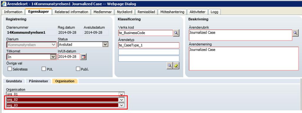 När statusen för ett diariefört ärende är satt till klart, fryses alla organisationer som är definierade på det