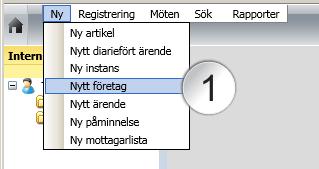 29 Företag 29.1 Lägg till nytt företag 1. Välj Nytt företag [1] via toppmenyn Ny. Du får nu fram ett företagskort där fliken Egenskaper är öppen.