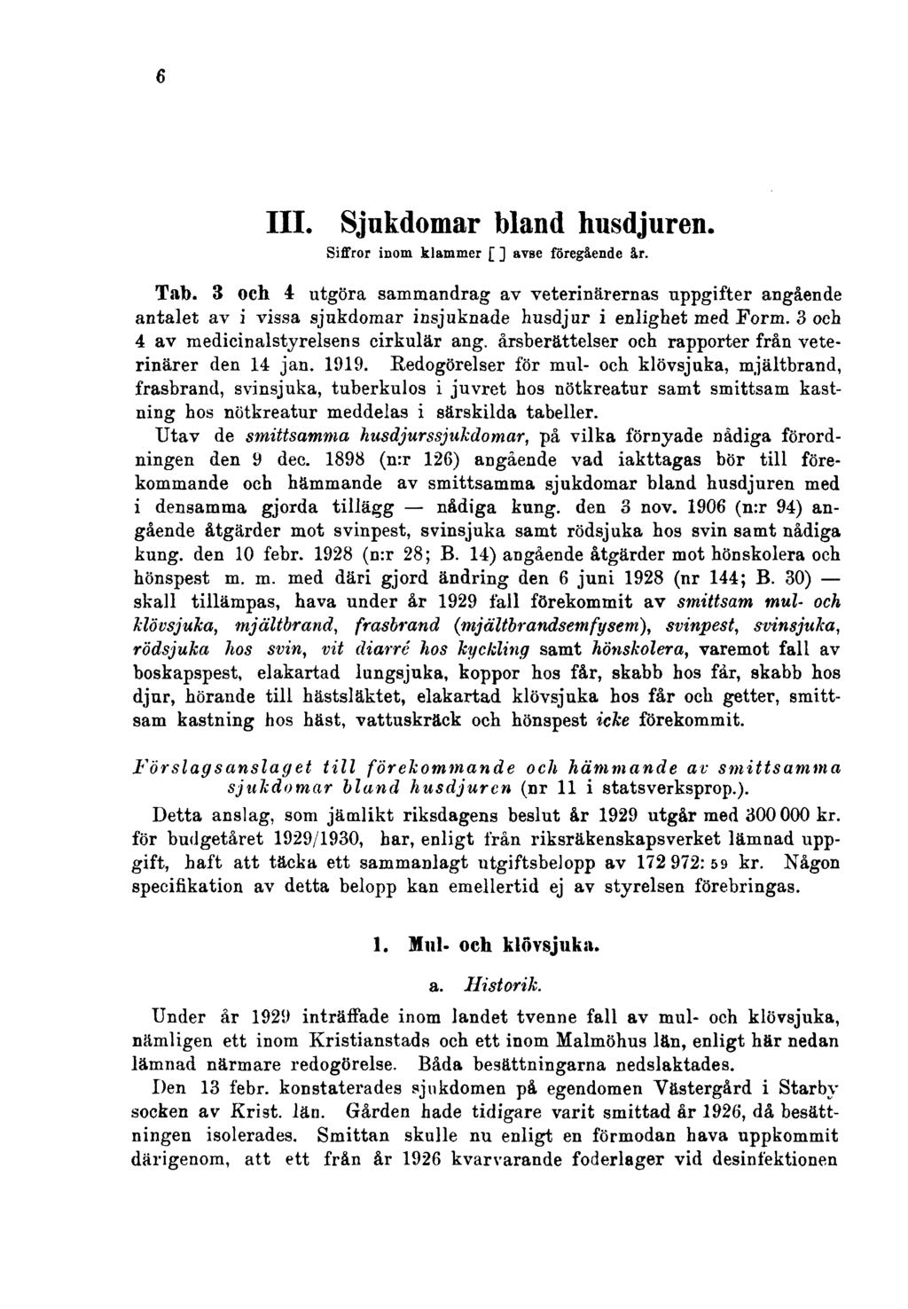 6 III. Sjukdomar bland husdjuren. Siffror inom klammer [ ] avse föregående år. Tab.