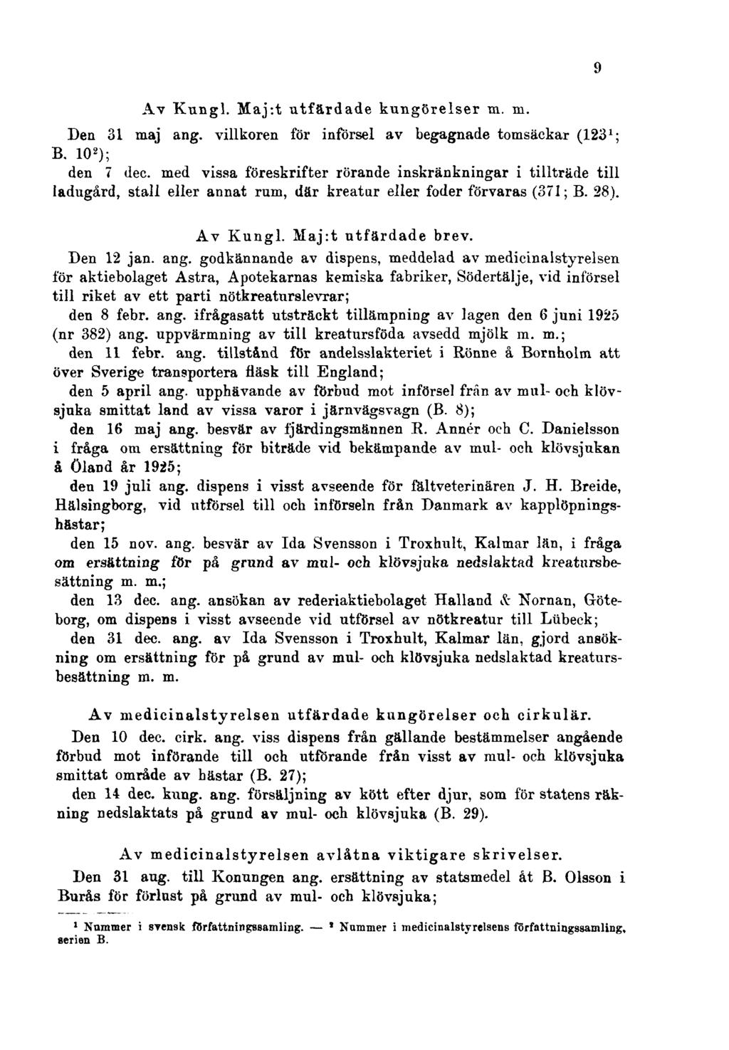 Av Kungl. Maj:t utfärdade kungörelser m. m. Den 31 maj ang. villkoren för införsel av begagnade tomsäckar (123 1 ; B. 10 2 ); den 7 dec.