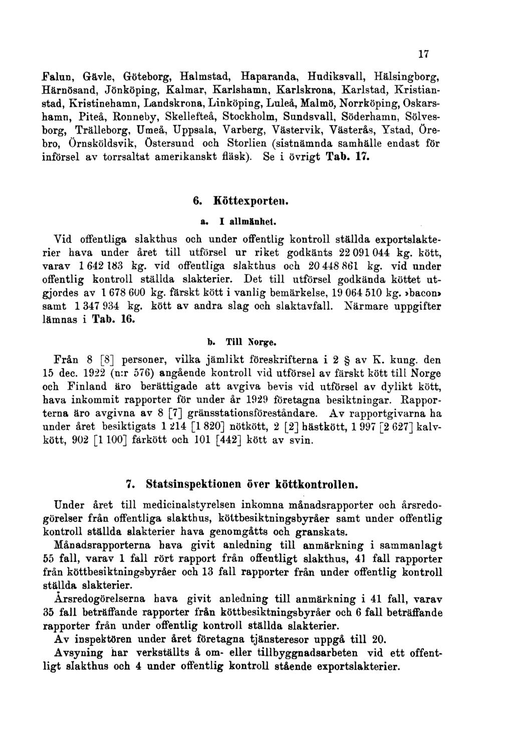 Falun, Gävle, Gröteborg, Halmstad, Haparanda, Hudiksvall, Hälsingborg, Härnösand, Jönköping, Kalmar, Karlshamn, Karlskrona, Karlstad, Kristianstad, Kristinehamn, Landskrona, Linköping, Luleå, Malmö,