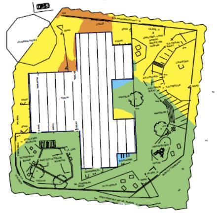 2016-11-10, rev: 2017-03-23, sid 11 (12) 8.3 Sammanvägd ljudnivå Resultaten framgår av Figur 8 nedan där bullerspridningen redovisas i markplan med färgade fält.