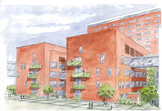 Byggnadens arkitektur Bild-och interventionscentrum består av två enkla och strikta flyglar och en sammanlänkande byggnadsvolym mot centralkomplexet där trapphus och hisschakt samlats.