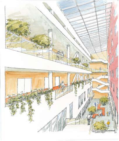 Ljusgården Den sammanlänkande byggnadsvolymen mellan centralkomplexet och Bild-och interventionscentrum täcks över med ett glastak.