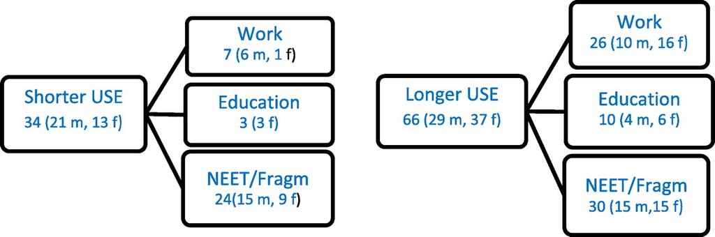 Karriärmönster och vistelse i gymnasiet Figure 1. Career patterns: time in USE and predominant activities after school (N = 100).