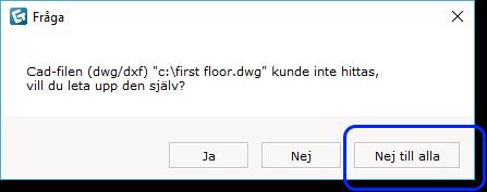 Möjlighet att hoppa över frågor om att leta upp saknade CAD-filer Ett nytt val har lagts till när CET Designer ber dig leta upp saknade CAD-filer, vilket låter dig hoppa över alla kommande
