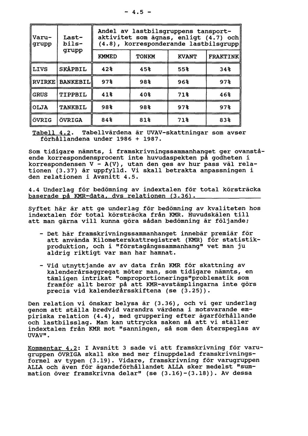 - 4.5 - Tabell 4.2. Tabellvärdena är UVAV-skattningar som avser förhållandena under 1986 + 1987.