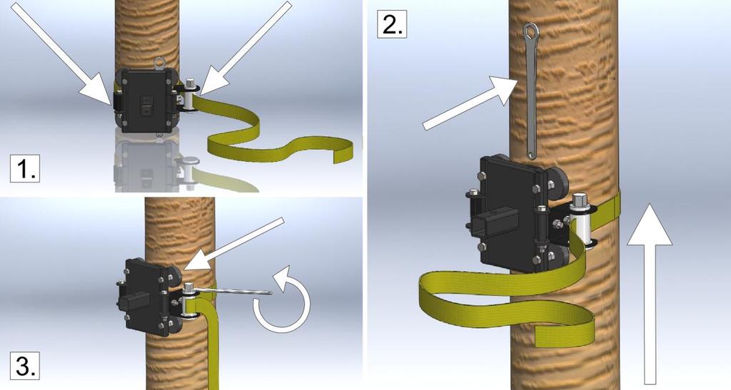3.5 Använda träd-/stolpfästet med förankringsband (PCA-1263) Träd-/stolpfästet är avsett att användas antingen med vinschens stödplatta (PCA-1268) eller med vinschens vertikala dragstöd (PCA-1264).