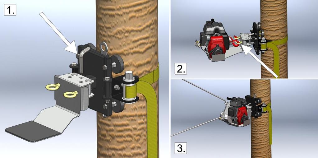 3.3.5.1 Med vinschens stödplatta (PCA-1268) Efter monteringen av träd-/stolpfästet (avsnitt 3.3.5) följer du stegen nedan: 1) Bild 1: Sätt i vinschens stödplatta på träd-/stolpfästets fyrkanströr (PCA-1263) och säkra den med fästpinne och R-sprint.
