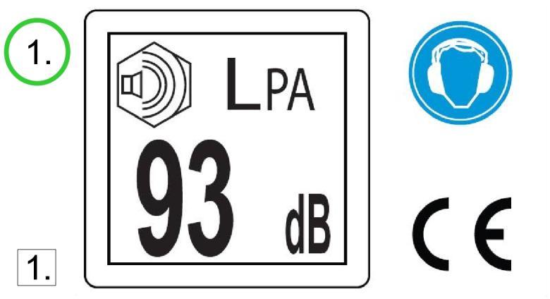 1.2.2 Ljudtrycksnivå etikett Ljudtrycksnivåetiketten sitter också på höger sida av vinschhuset (bild 1). Ikonen i bild 1 till på sidan betyder: 1.