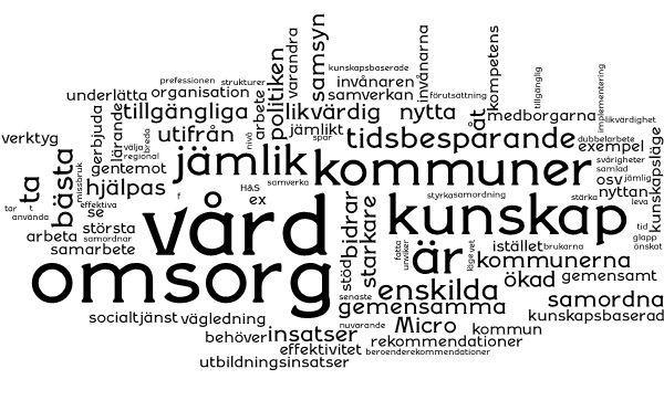 socialtjänstens område. En synpunkt var att umgänget mellan kommunerna och landstingen handlar mycket om kultur. Syfte med samarbete Därpå var det dags för workshop kring frågorna för dagen.