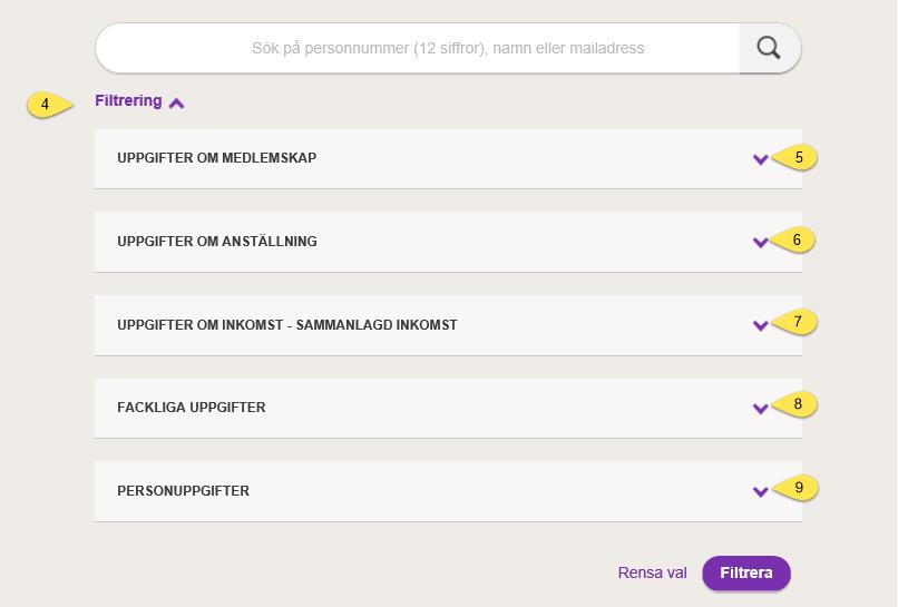 4. Genom att klicka på pilarna kan du filtrera på uppgifter om medlemskap (5), anställning (6), inkomst (7), fackliga uppgifter (8) och personuppgifter (9). 5.