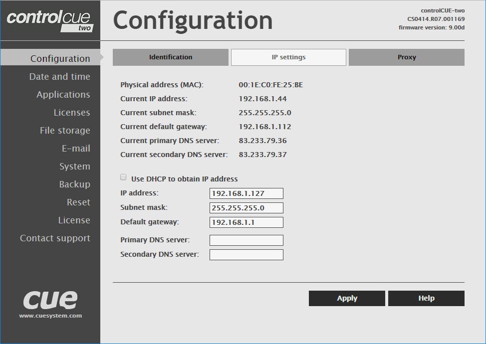 Lokalt nätverk MediaControl levereras förkonfigurerat med fast IP adress 192.168.1.127, Nätmask 255.255.255.0 och Gateway 192.168.1.1 för controllern controlcue-versatile.