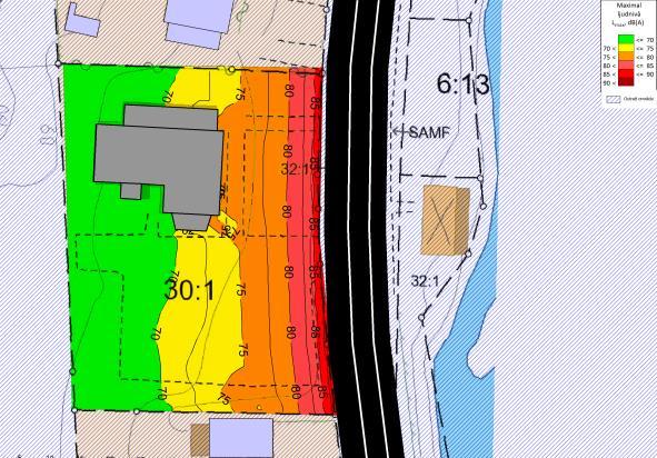 Ekvivalent ljudtrycksnivå Den ekvivalenta ljudtrycksnivån vid fasaden mot väg 46 överskrider riktvärdet 55 db(a). Vid övriga fasader uppfylls riktvärdet för ekvivalent ljudtrycksnivå vid fasad.