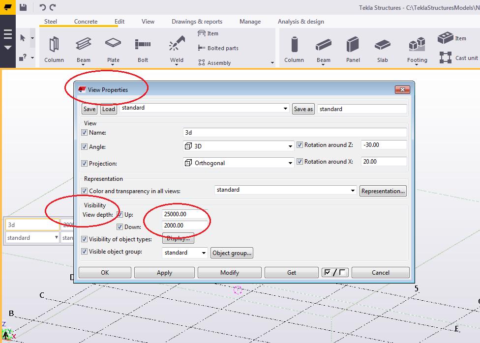 5.3.2 Definition av vy För att bromodellen ska kunna visualiseras i Tekla måste vyns egenskaper manuellt modifieras.
