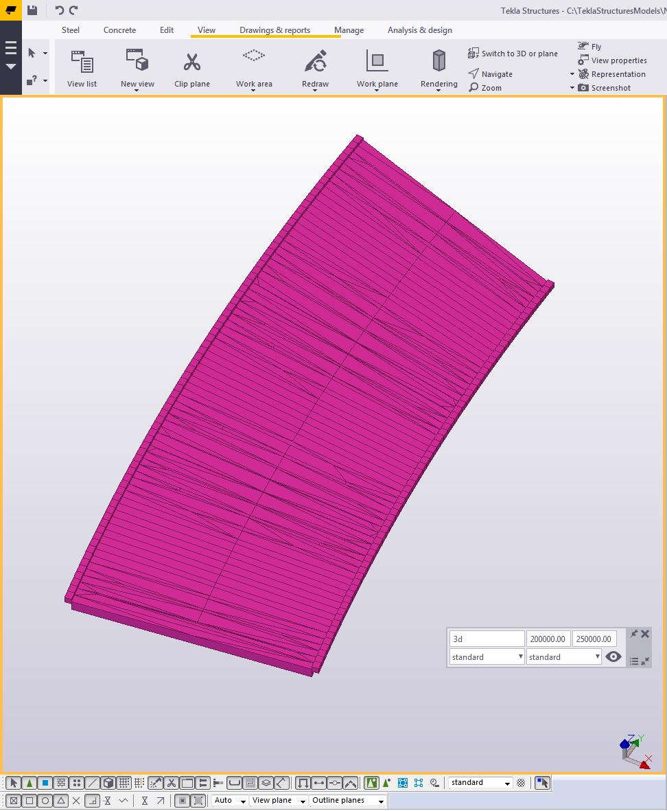 Den parametriserade brobanan i Figur 6.3 kan modifieras med andra värden på dess bredd, tjocklek, höjd etc. Modifieringen sker med parametrar som ändrar modellen visuellt i Tekla.