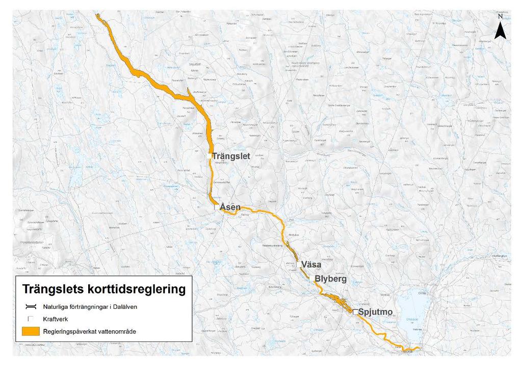 Trängslets korttidsreglering Trängslets regleringsmagasin och kraftverket togs i drift 1959. Fallhöjden är 142 meter och regleringsamplituden 35 meter.