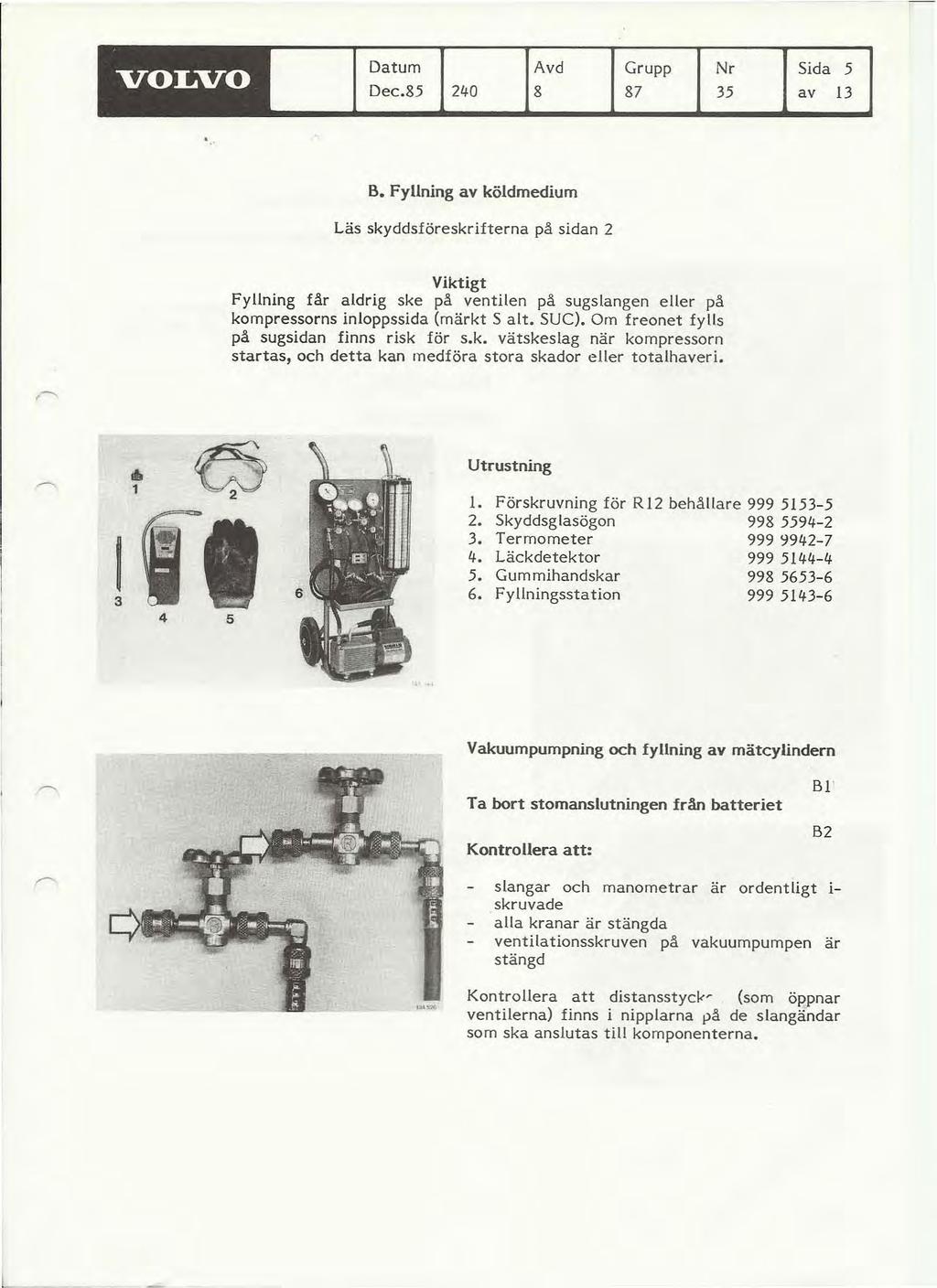 VOLVO Datum Avd Grupp Nr Sida 5 Dec.85 240 8 87 35 av 13 B.