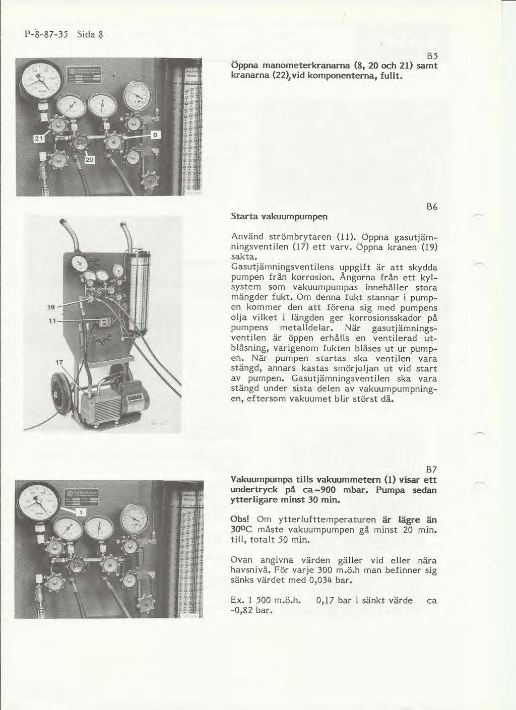 P-8-87-35 Sida 8 B5 Öppna manometerkranarna (8, 20 och 21) samt kranarna (22), vid komponenterna, fullt. Starta vakuumpumpen B6 Använd strömbrytaren (11). Öppna gasutjämningsventilen (17) ett varv.