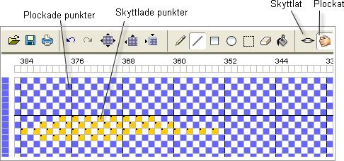 Exemplet illustrerar en väv i tuskaft som i grunden är skyttlad med blå färg i alla inslag. Alla blåa bindepunkter är skyttlade.