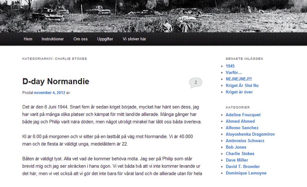 Bild 1. Skärmklipp från en av klassbloggarna. De historiska personerna ligger som kategorier till höger i panelen. Uppgifter och instruktioner ligger som undersidor.
