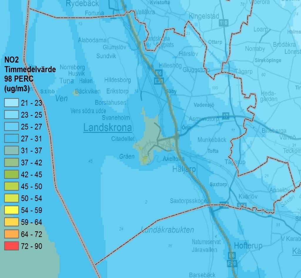 Timmedelvärde Beräknade timmedelvärdet för kvävedioxid ligger kring 24 25 µg/m 3 på landsbygden inom Landskrona kommun och 31 46 µg/m 3 i tätorten Landskrona samt kring motorvägen E20/E6.