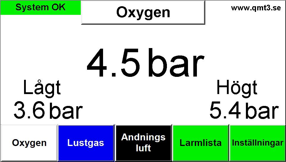 Statusfönster 5 Status på larmet lyser grön vid normalt läge, blinkar gult vid B-larm och rött vid A-larm. Om man klickar på denna symbol kommer man till startskärm. Här visas aktuella gastrycket.