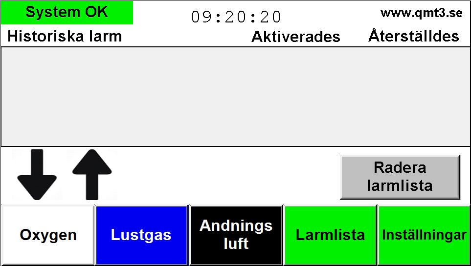 Historisk larmlista Lista med alla historiska larm som varit aktiva. Nya larm hamnar högst upp på listan. Radera alla historiska larm.