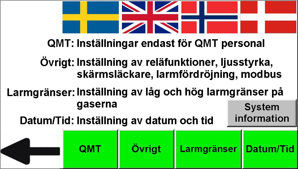 Endast för Qmt tekniker. (lösenordsskyddad) På övrigt justerar man diverse funktioner i larmpanel.