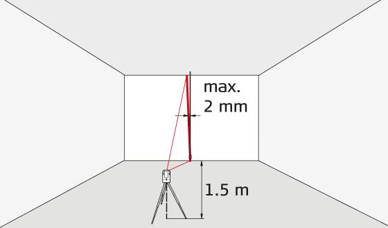 Vrid instrumentet åt höger och sedan åt vänster. Observera den horisontella linjens vertikala avvikelse från markeringen. Om skillnaden inte överstiger 3 mm, ligger lasermätaren inom toleransgränsen.