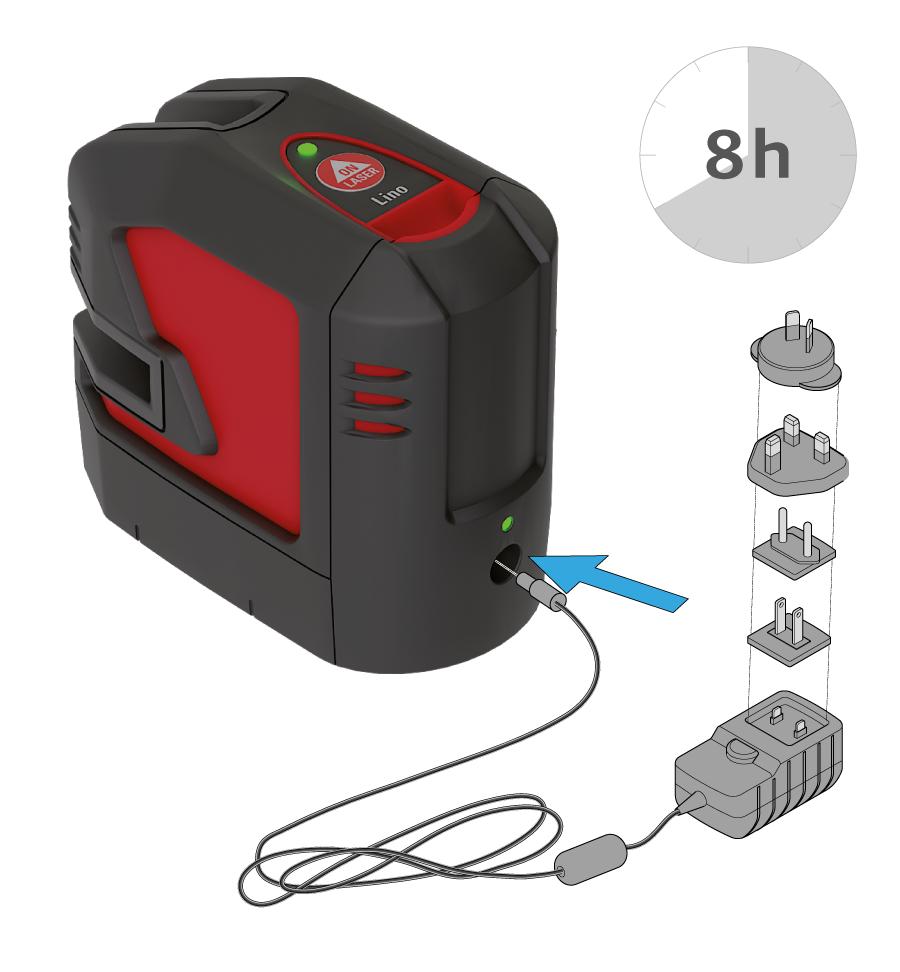 Lino-mätaren drivs med XRANGE- teknik och känner därför av mottagaren automatiskt. Ladda Li-Ion-batteriet innan det används första gången.