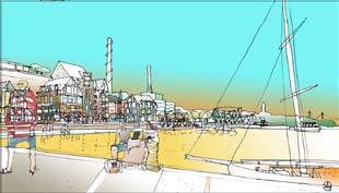 Bryggor i älven möjliggör för båtar att angöra och människor att komma nära vattnet. Älven är en av Skeppsbron stora tillgångar och utblickar mot vatten är också en återkommande kvalitet.
