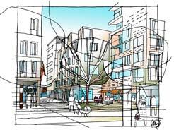 Vallgatan eller Drottninggatan som förebild. Det ska finnas gott om plats för gående. På den solbelysta sidan ska plats för spontana möten skapas.