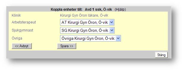 2 Hantera Enheter 2.2.4 Koppla Enheter Koppla enheter inom slutenvården Inom slutenvården kan du koppla ihop avdelningar med andra yrkeskategorier som hör till den avdelningen.
