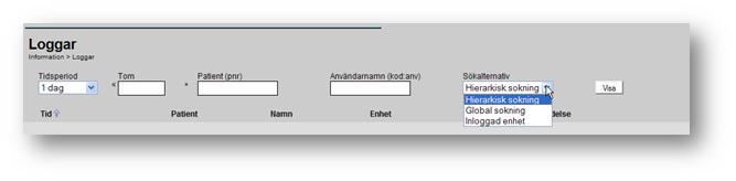 Sökvillkor för Loggar Du måste alltså ange ett personnummer på en patient och/eller användarnamnet på en användare. Du ska även ange vilken tidsperiod som du är intresserad av.