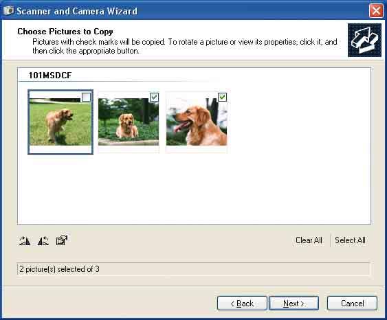 Kopiera bilder till datorn 2 Klicka på [Next]. Bilderna som sparats på Memory Stick Duo i kameran visas. Om inget Memory Stick Duo är insatt visas bilderna från internminnet.