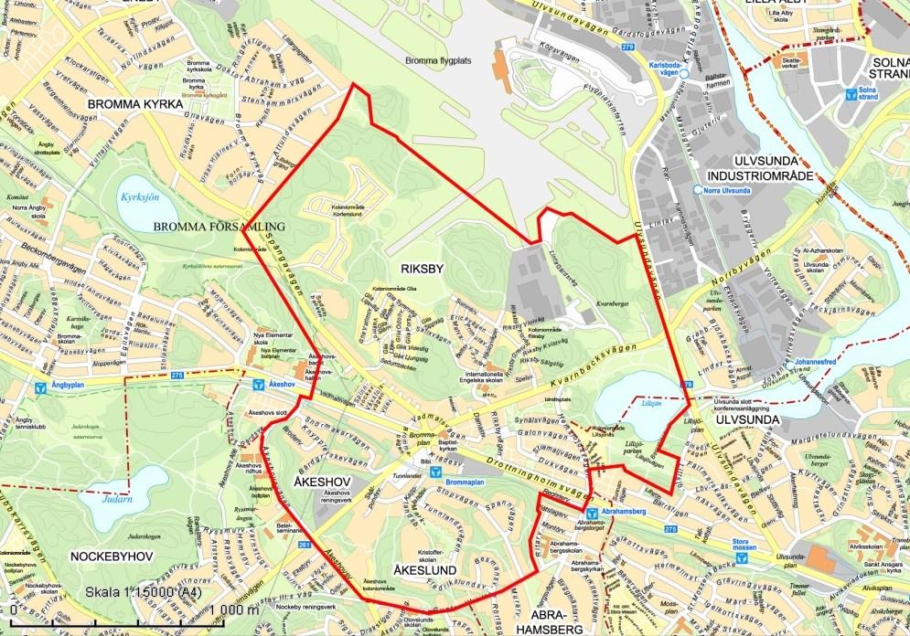Sida 3 (24) Karta med programområdet markerat med röd linje. I norr angränsar området till Bromma flygplats, i öster till Ulvsunda, i söder till Abrahamsberg och i väster till Bromma kyrka.