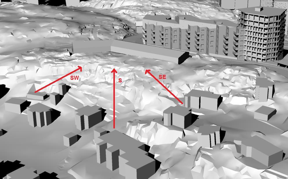 6.3 Delområde 2 (plats 3) I delområde 2 planeras en byggnad utformad i vinkel, se plats 3 Figur 8. Byggnadens läge och utformning gör att vindmiljön förväntas bli god vid de flesta vindriktningar.