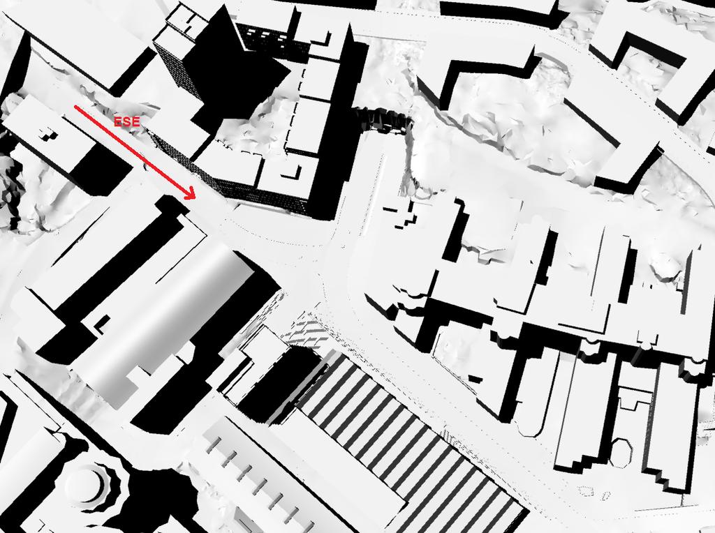 Figur 12. Entrétorget sett från norr snett uppifrån. Vid vindar från ostsydost får vinden viss stryklängd genom Augustendalsvägen. Bildmaterial från SWECO Architects. 6.