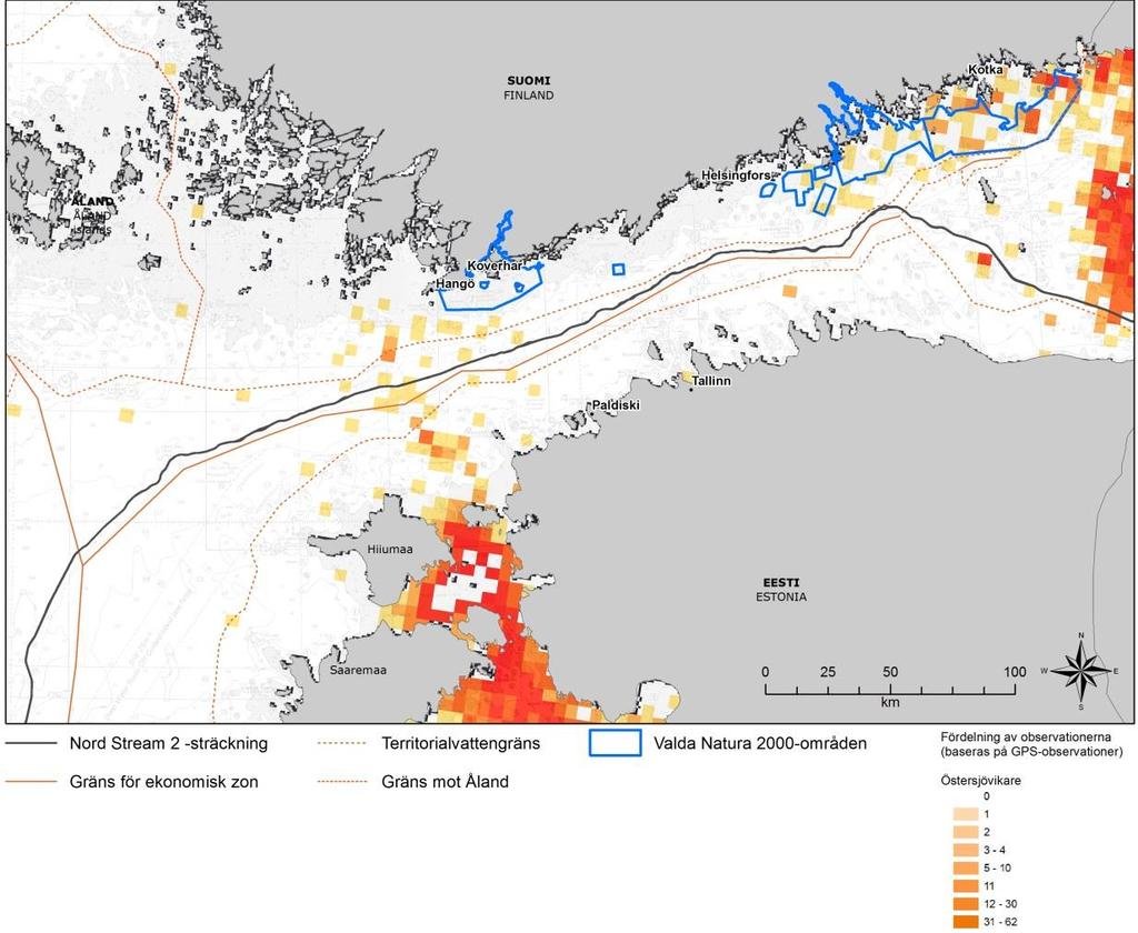 antal platser från GPS-spårade sälar per ruta, datakälla: HELCOM BALSAM Seal).