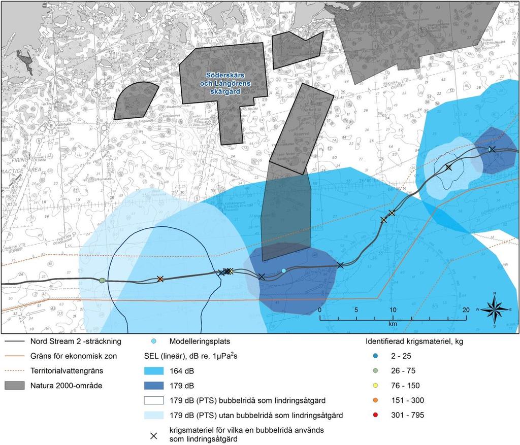 37 sträckningen inom 50 km från Naturaområdet (tabell 7-2). Närmaste krigsmaterielobjekt ligger 13 km från Naturaområdet och dess detonationsvikt är bara 5 kg.