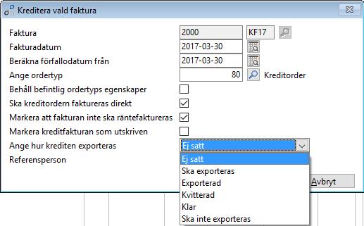 Vid kreditering av fakturor har dialogen för om krediten skall exporteras eller ej förtydligats. Nu kan man välja exakt vilken exportstatus krediten skall få.
