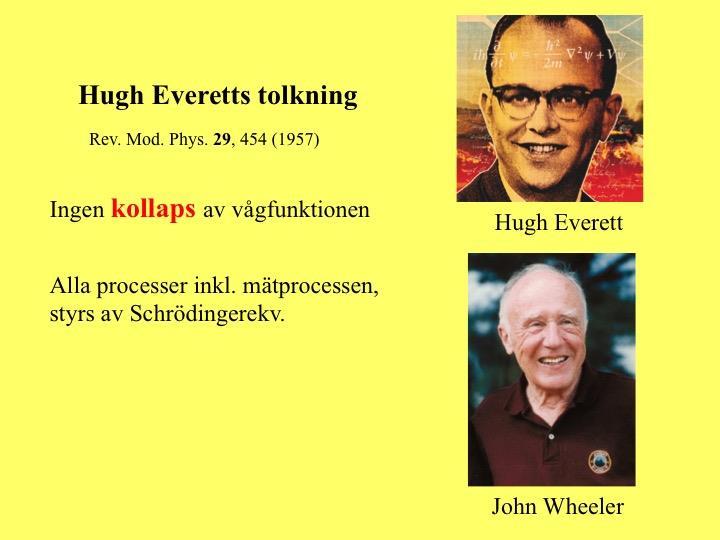 4. Many-worlds" och dekoherens I slutet av 1950-talet formulerade en forskarstuderande vid Princeton-universitetet i USA, Hugh Everett, elev till professor John Wheeler, en alternativ tolkning av