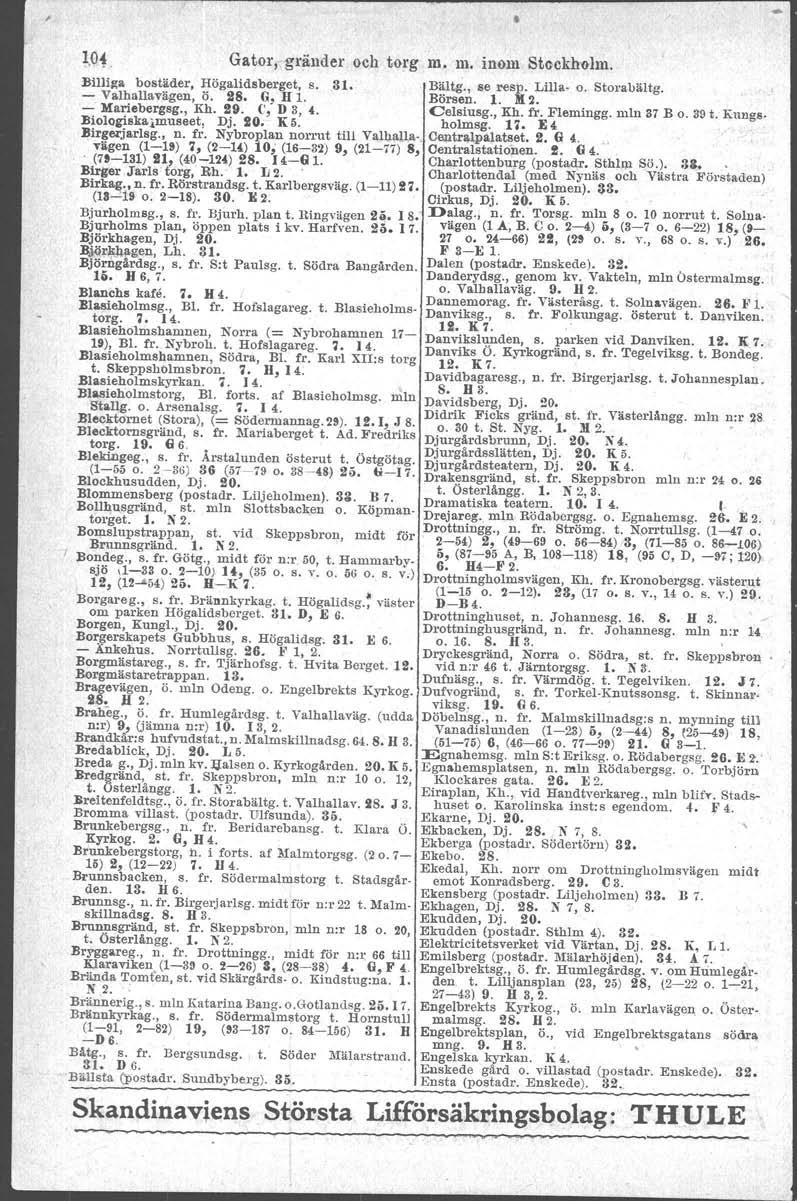 l,o~ Gatol'"gl'änder och torg m. m. inom Stockholm. llillil':a bostäder, Högalidsberget, s, 31. Bältg., se resp. Lflla- o. Storabältg, - ValhaUavägen, Ö. 28. G, II 1. Börsen. 1. M 2. - Mariebergsg.